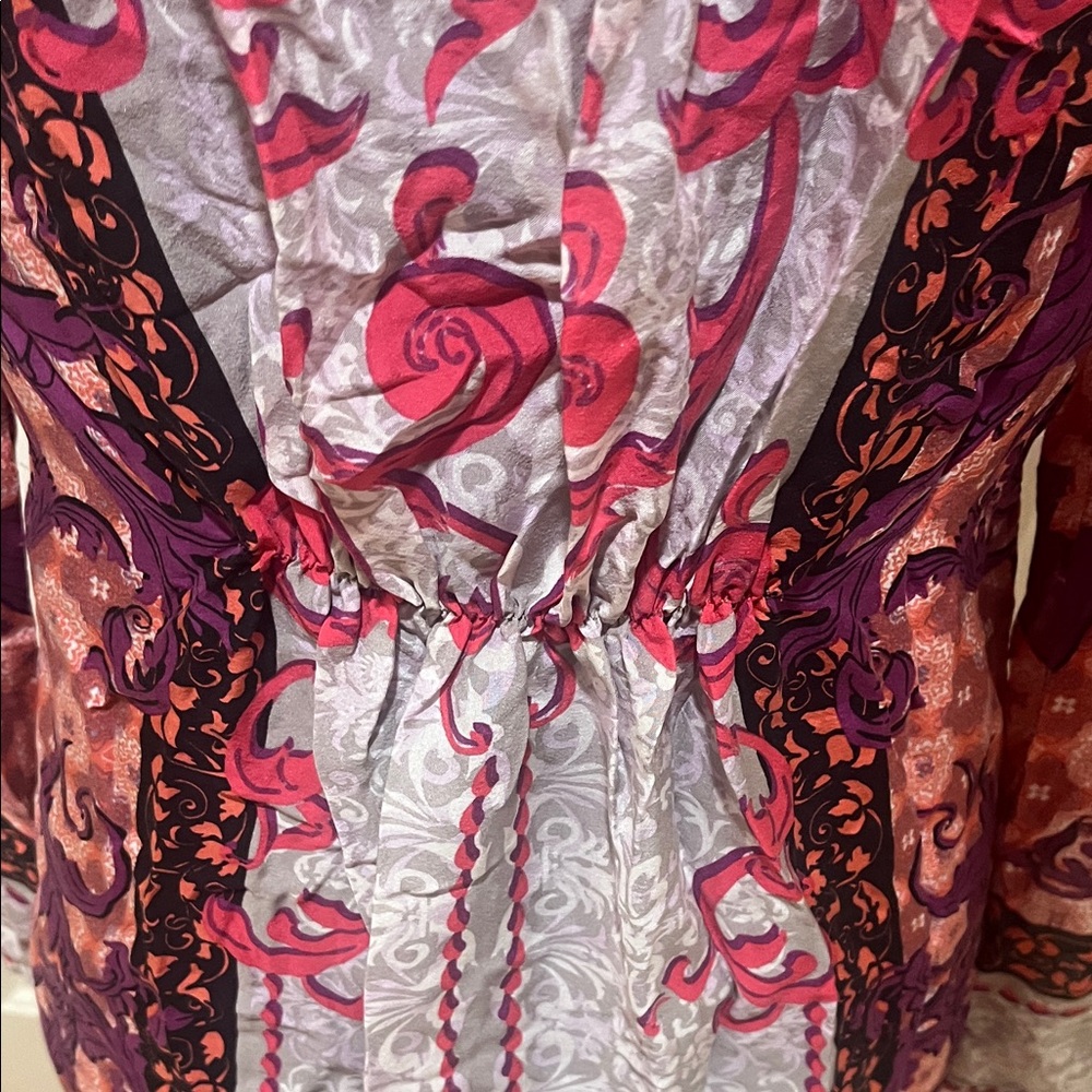 Hale Bob colorful top w/ flowers, Sz S silk, long sleeves, v- neck, bohemian - Picture 3 of 12